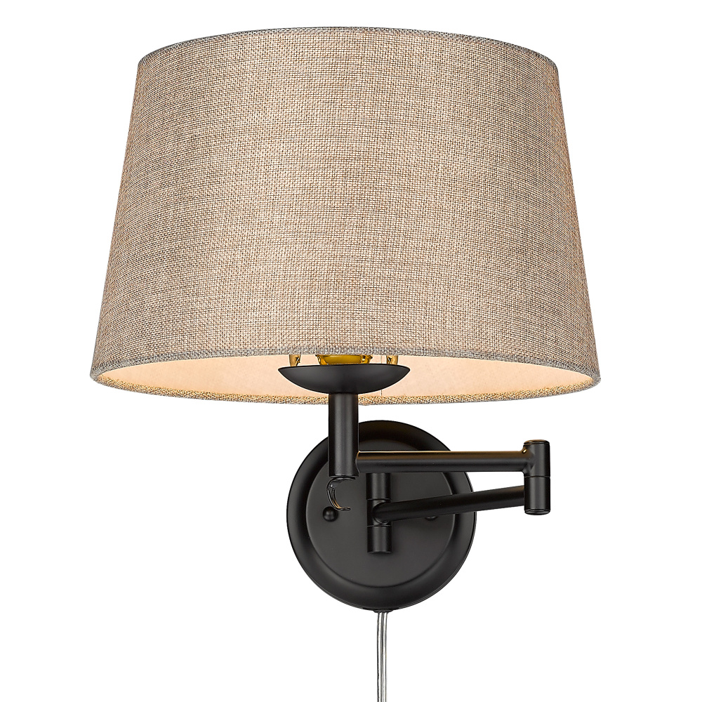 Wry Lighting Eleanor 1-light Swing Arm Wall Lamp in Matte Black and Natural Sisal shade